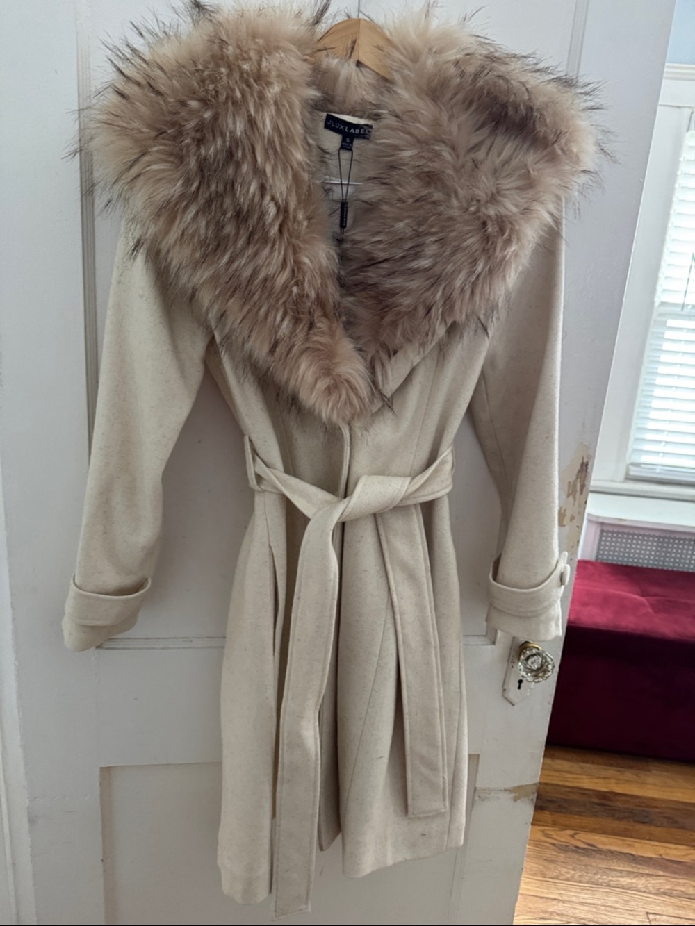 Cream Wool Blend Coat with Faux Fur Collar